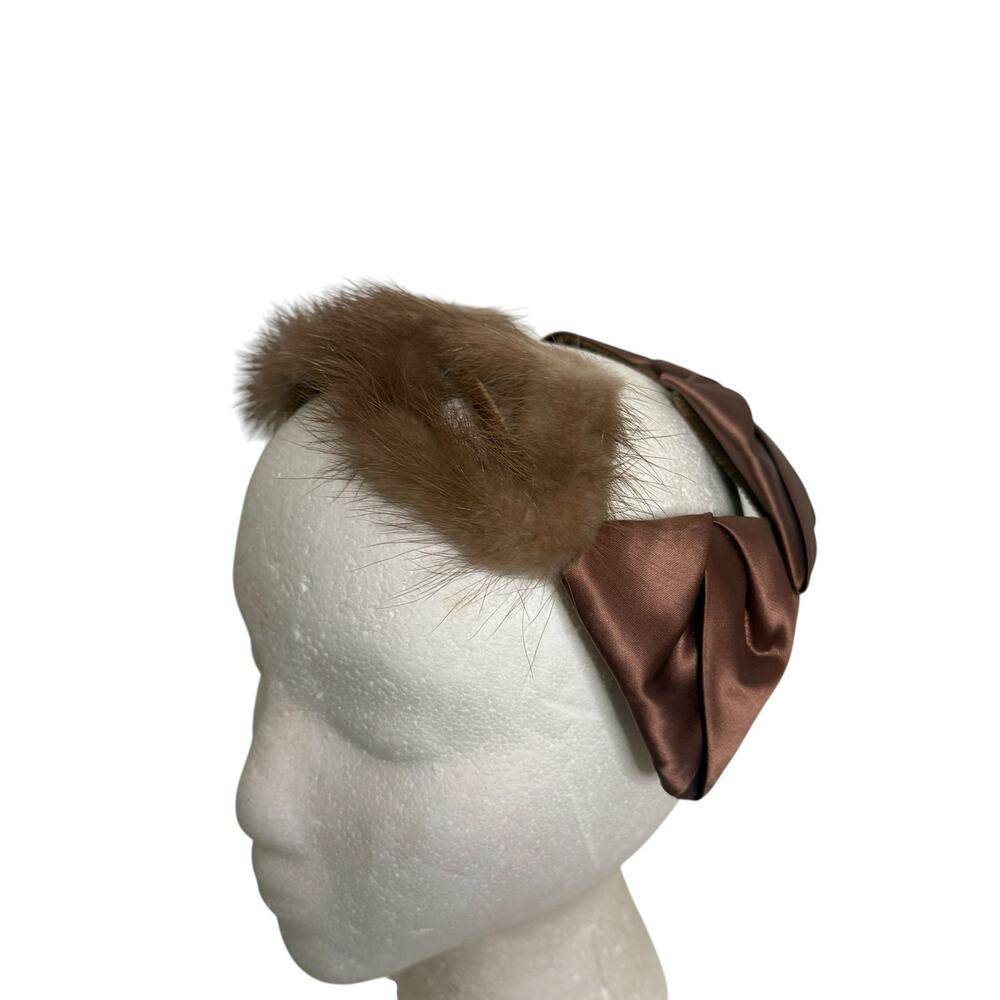 1940s Mink Fur Satin Fascinator Hat Brown Vintage Mob Cap Pinup Retro - Picture 6 of 8